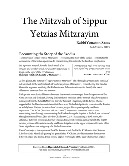 The Mitzvah of Sippur Yetzias Mitzrayim Rabbi Yonason Sacks Rosh Yeshiva, RIETS