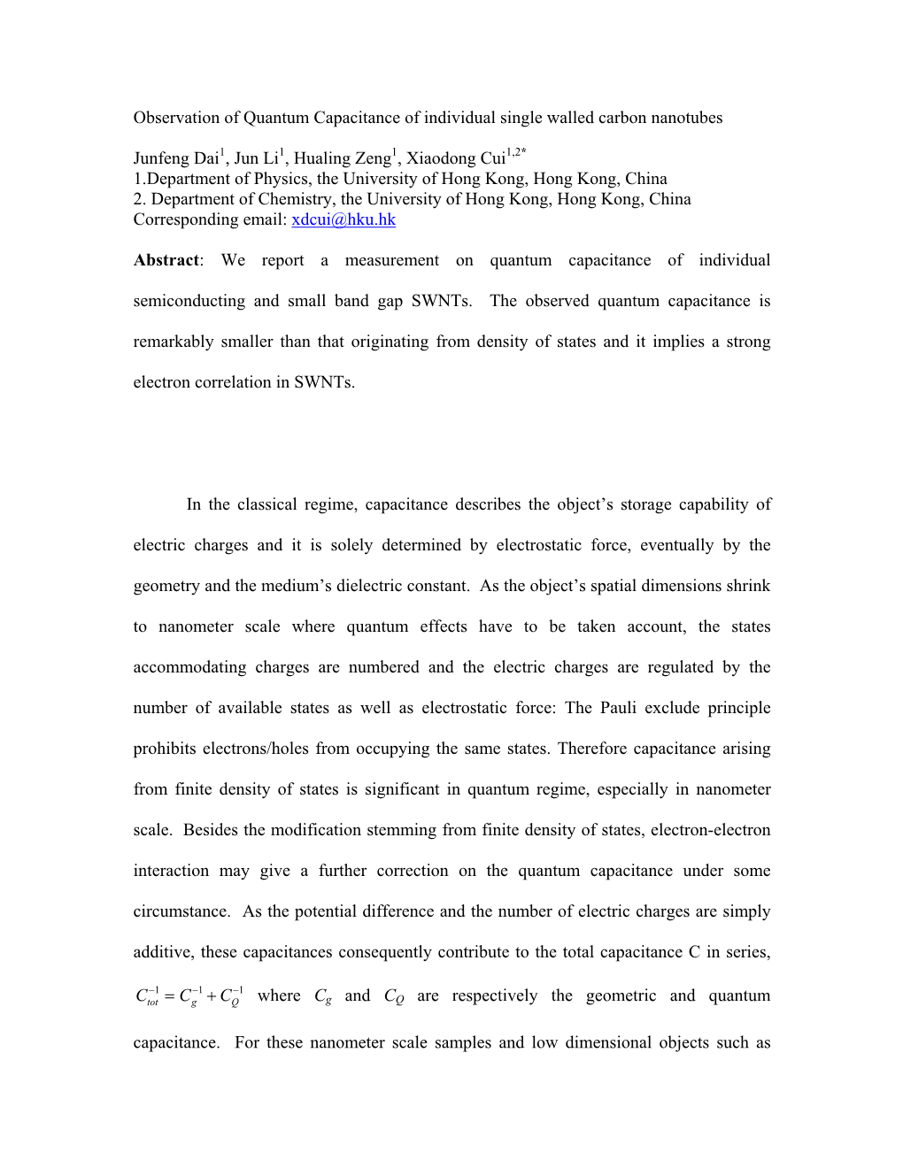 Observation of Quantum Capacitance of Individual Single Walled Carbon Nanotubes