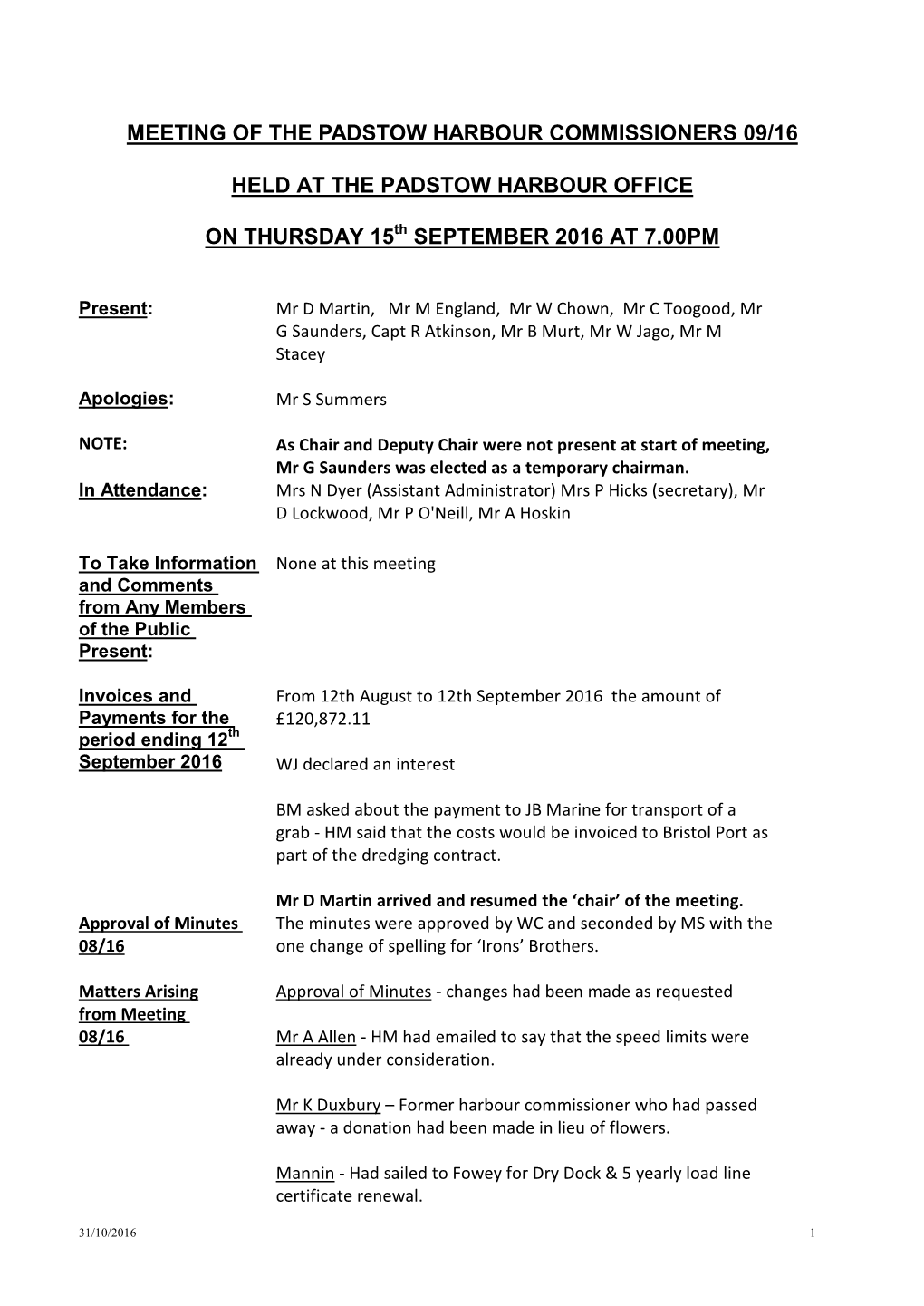 Meeting of the Padstow Harbour Commissioners 09/16