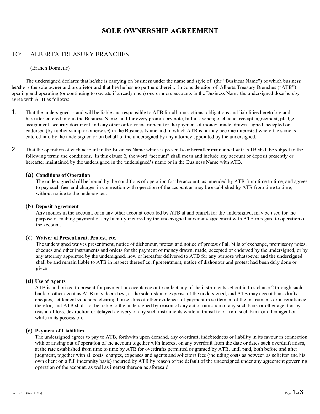 2610 Form - Sole Ownership Agreement