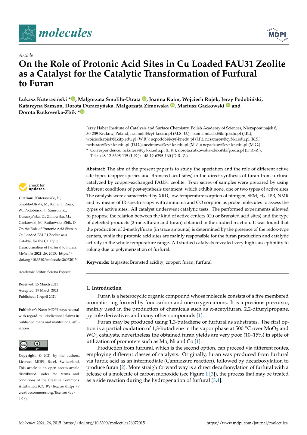 On the Role of Protonic Acid Sites in Cu Loaded FAU31 Zeolite As a Catalyst for the Catalytic Transformation of Furfural to Furan