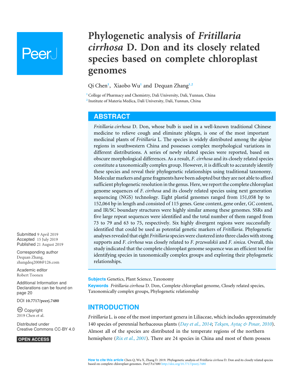 Phylogenetic Analysis of Fritillaria Cirrhosa D. Don and Its Closely Related Species Based on Complete Chloroplast Genomes