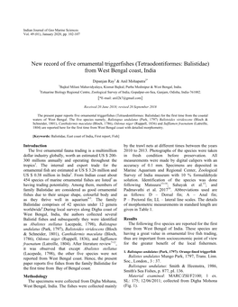 New Record of Five Ornamental Triggerfishes (Tetraodontiformes: Balistidae) from West Bengal Coast, India