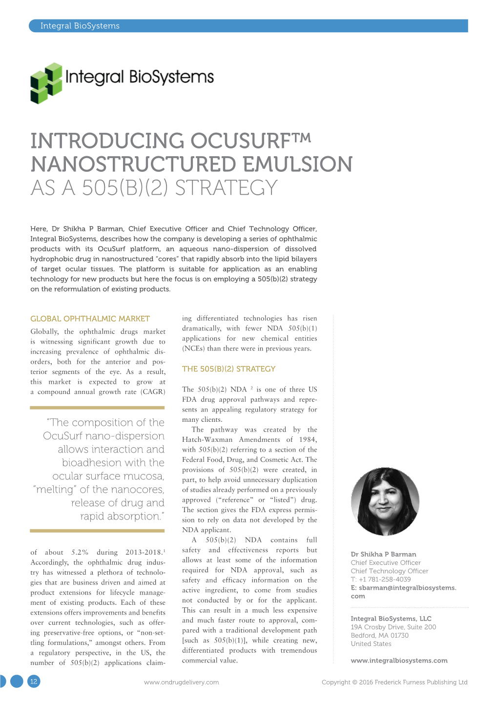 Introducing Ocusurf™ Nanostructured Emulsion As a 505(B)(2) Strategy
