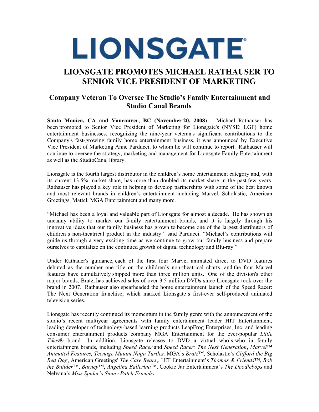 Lionsgate Promotes Michael Rathauser to Senior Vice President of Marketing