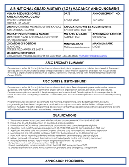 Air National Guard Military (Agr) Vacancy Announcement Human Resources Office Date Announcement No