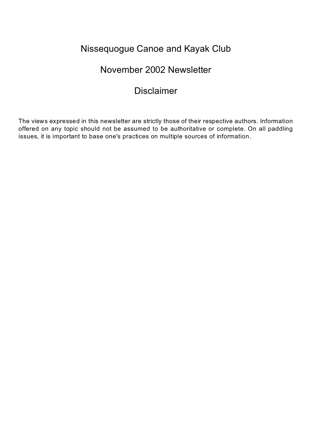 Nissequogue Canoe and Kayak Club November 2002 Newsletter