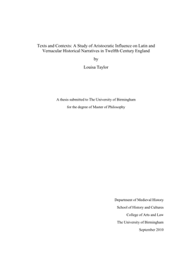 A Study of Aristocratic Influence on Latin and Vernacular Historical Narratives in Twelfth Century England by Louisa Taylor