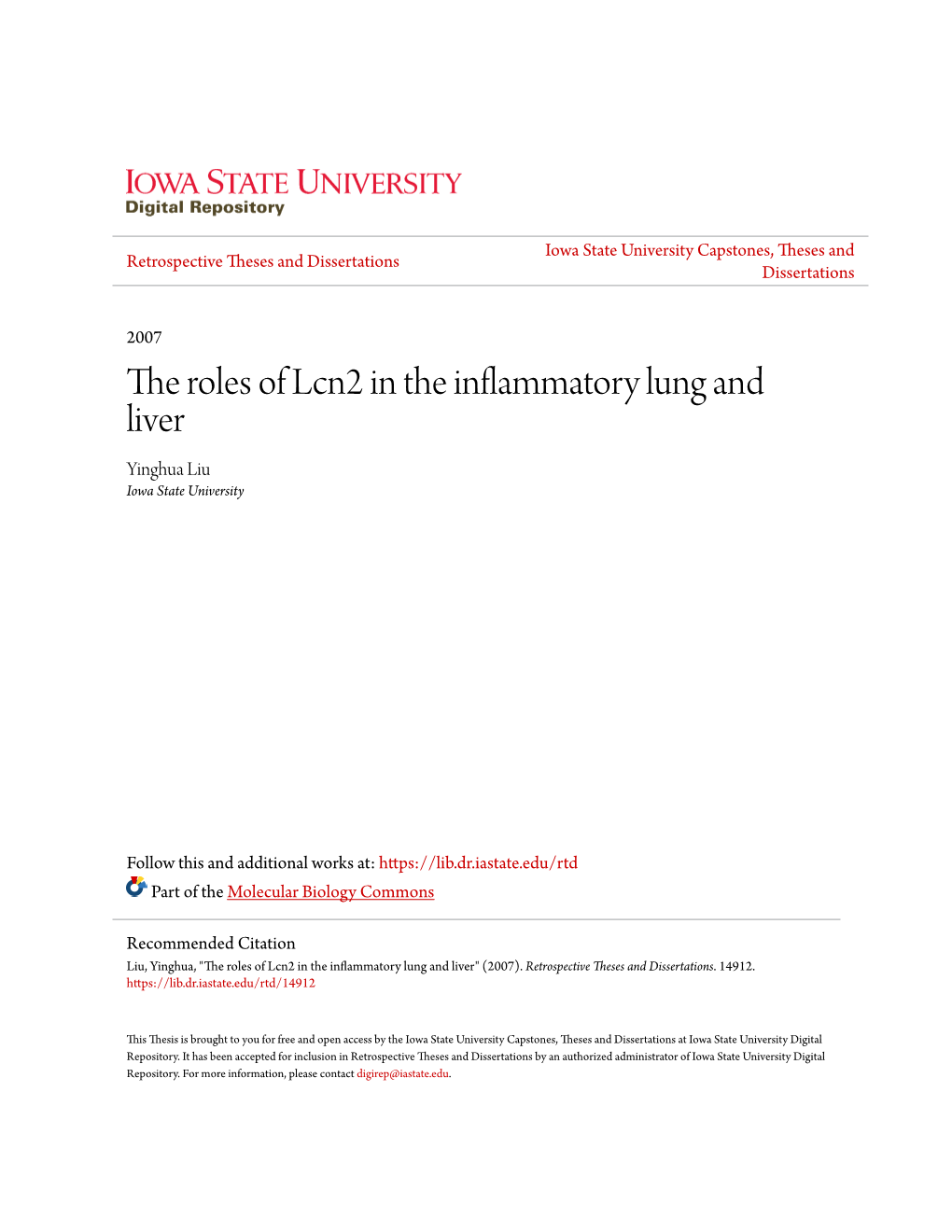 The Roles of Lcn2 in the Inflammatory Lung and Liver