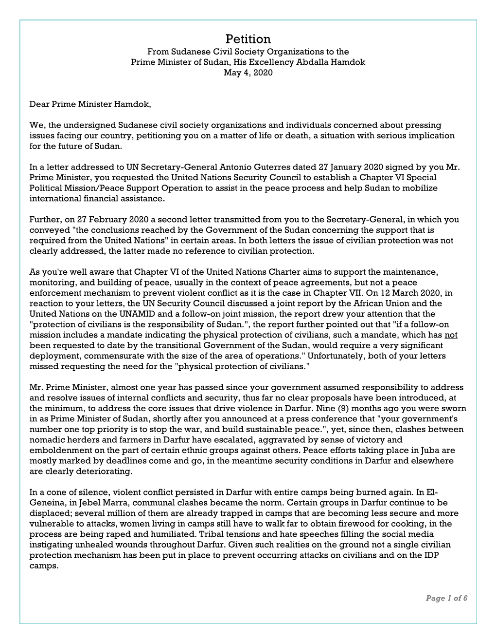 Petition from Sudanese Civil Society Organizations to the Prime Minister of Sudan, His Excellency Abdalla Hamdok May 4, 2020