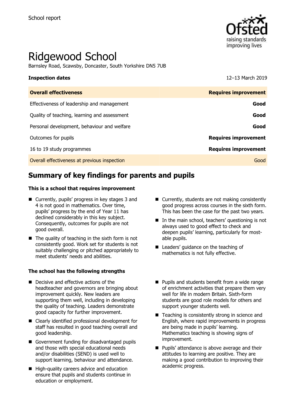 Ridgewood School Ofsted Report [March 2019] PDF File