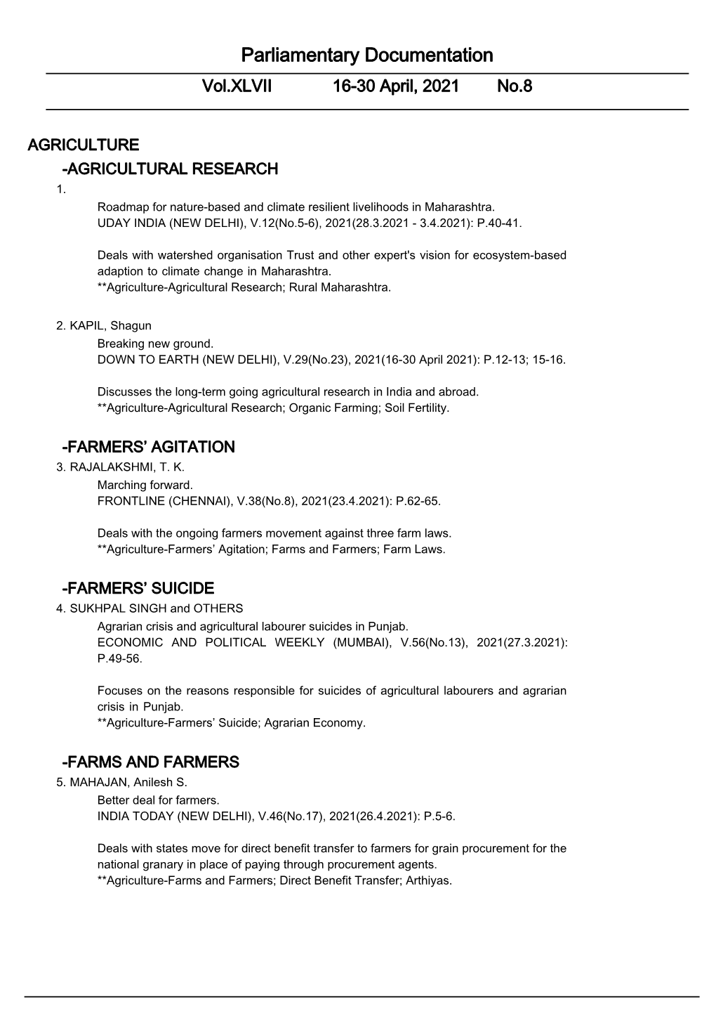 Parliamentary Documentation Vol.XLVII 16-30 April, 2021 No.8