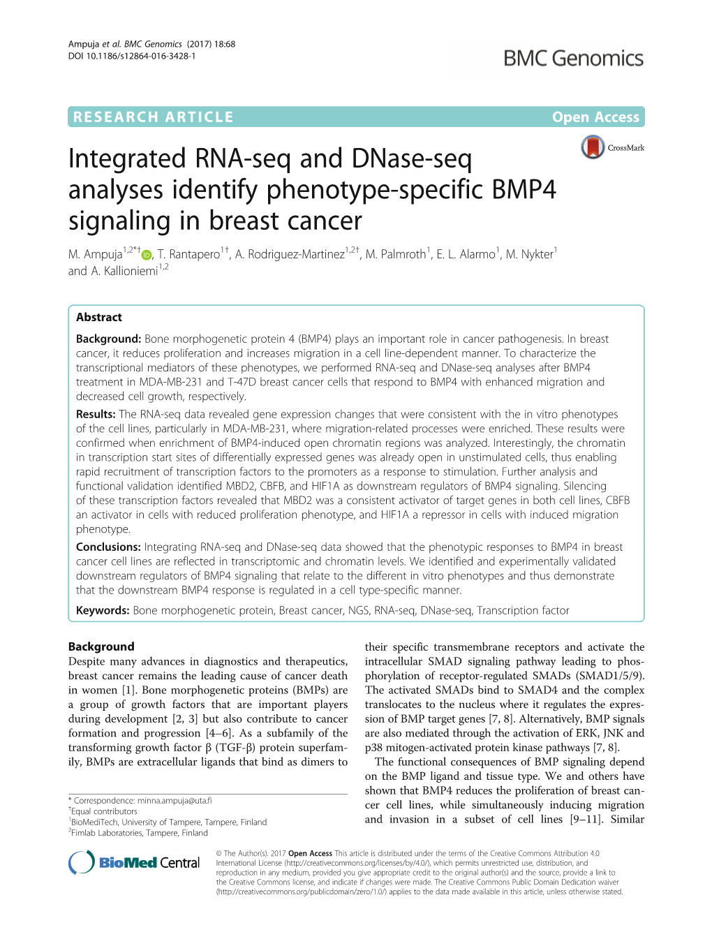 Integrated RNA-Seq and Dnase-Seq Analyses Identify Phenotype-Specific BMP4 Signaling in Breast Cancer M