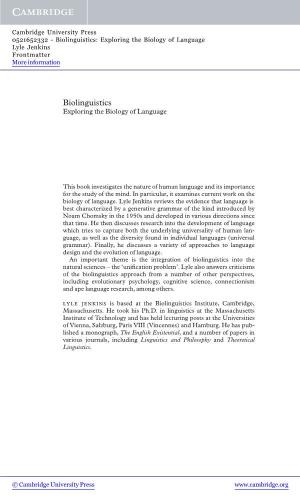 Biolinguistics: Exploring the Biology of Language Lyle Jenkins Frontmatter More Information
