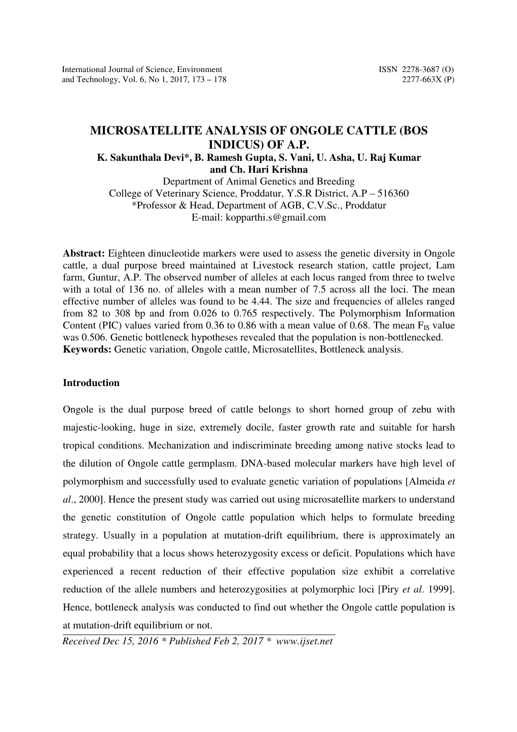 Microsatellite Analysis of Ongole Cattle (Bos Indicus) of A.P