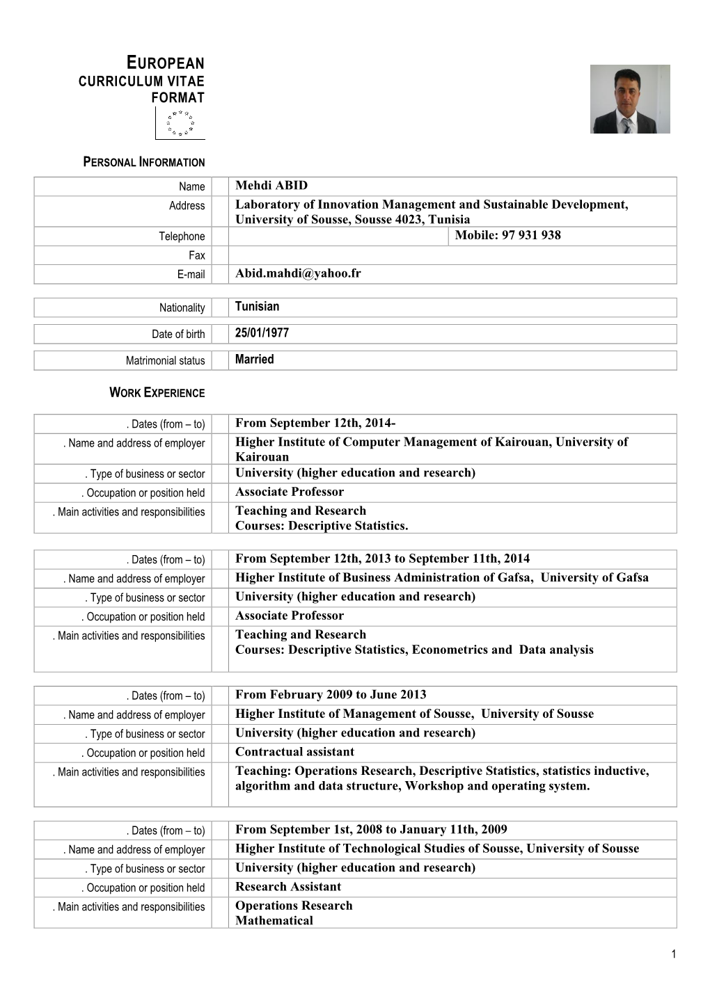 European Curriculum Vitae Format