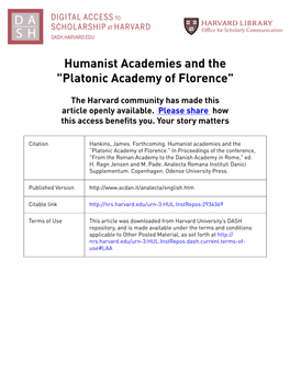Humanist Academies and the "Platonic Academy of Florence"