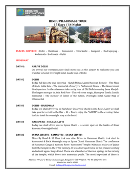 HINDU PILGR HINDU PILGRIMAGE TOUR 15 Days / 14 Nights