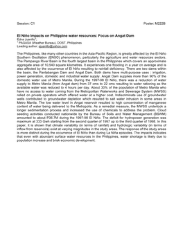 El Niño Impacts on Philippine Water Resources: Focus on Angat Dam Edna Juanillo;  PAGASA (Weather Bureau), DOST, Philippines Leading Author: Ejuanillo@Yahoo.Com