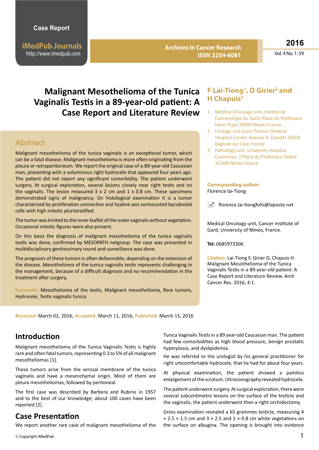 Malignant Mesothelioma of the Tunica