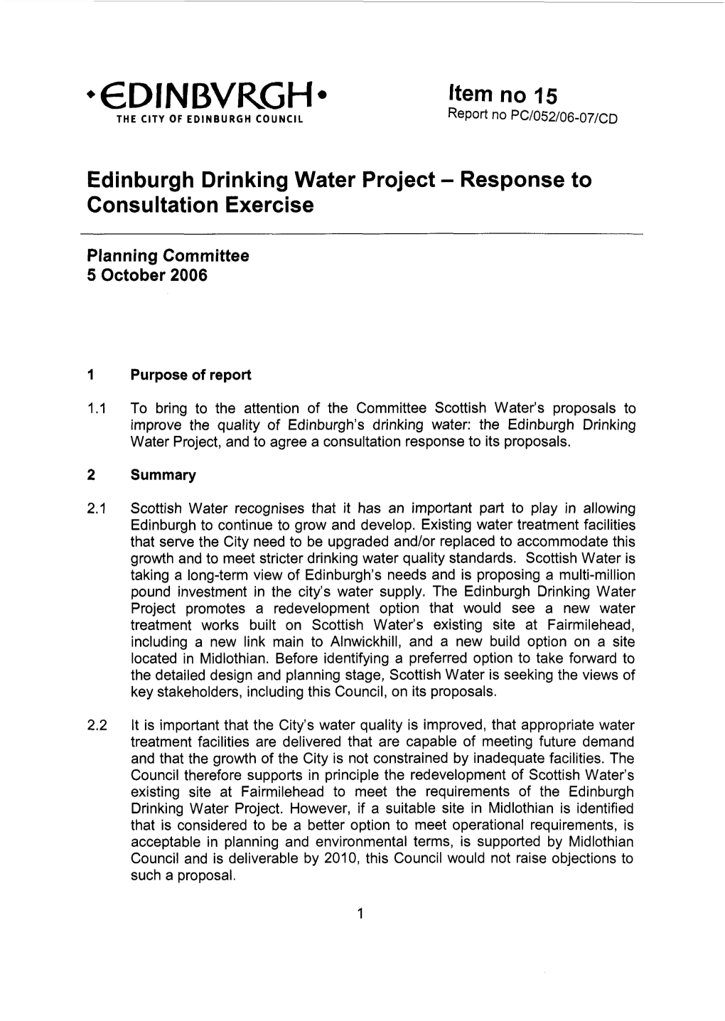 Edinburgh Drinking Water Project - Response to Consultation Exercise