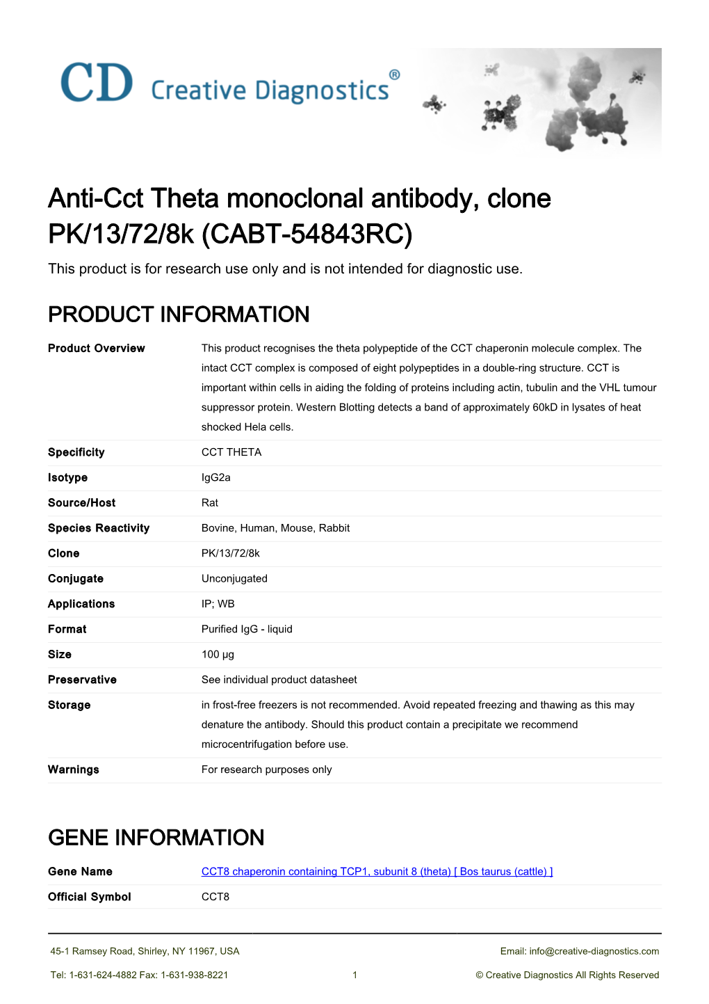 Anti-Cct Theta Monoclonal Antibody, Clone PK/13/72/8K (CABT-54843RC) This Product Is for Research Use Only and Is Not Intended for Diagnostic Use