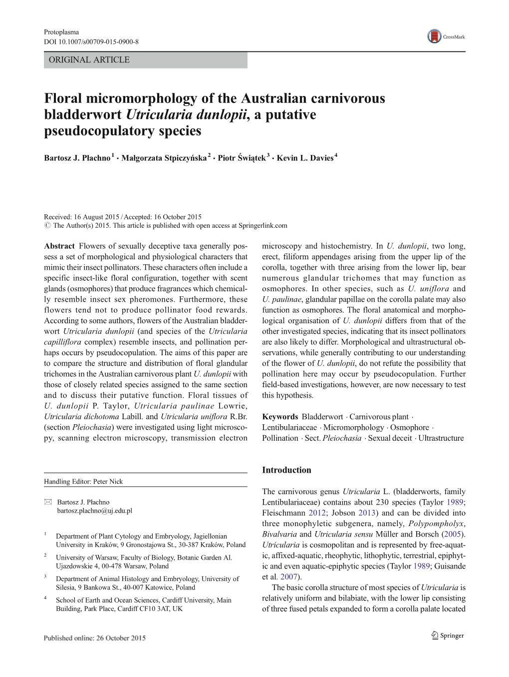 Floral Micromorphology of the Australian Carnivorous Bladderwort Utricularia Dunlopii, a Putative Pseudocopulatory Species