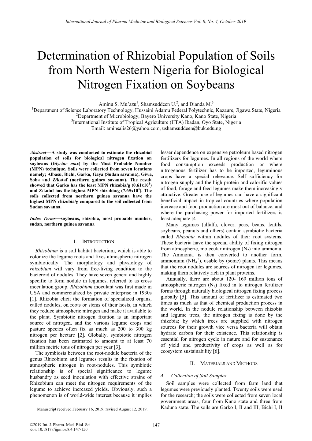Determination of Rhizobial Population of Soils from North Western Nigeria for Biological Nitrogen Fixation on Soybeans