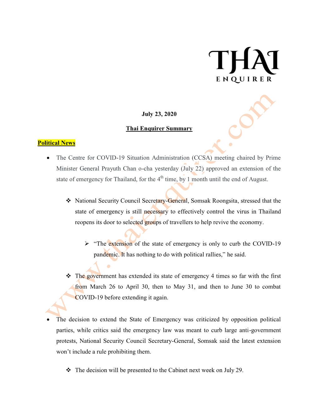 July 23, 2020 Thai Enquirer Summary Political News • the Centre For