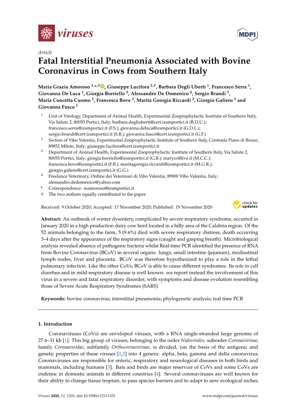 Fatal Interstitial Pneumonia Associated with Bovine Coronavirus in Cows from Southern Italy