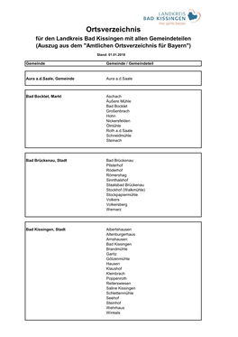 Ortsverzeichnis Für Den Landkreis Bad Kissingen Mit Allen Gemeindeteilen (Auszug Aus Dem "Amtlichen Ortsverzeichnis Für Bayern")
