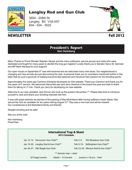 President's Report Langley Rod and Gun Club NEWSLETTER Fall 2012