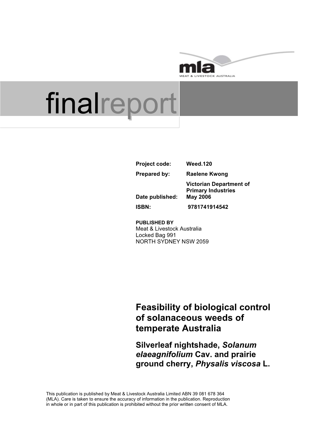 Feasibility of Biological Control of Solanaceous Weeds of Temperate Australia