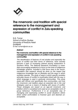 The Mnemonic Oral Tradition with Special Reference to the Management and Expression of Conflict in Zulu-Speaking Communities