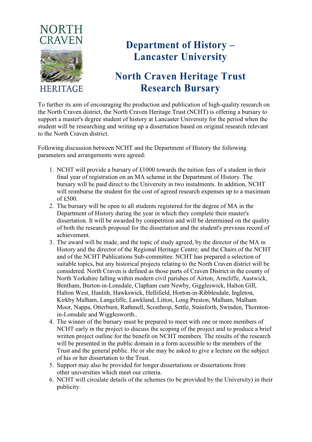 Lancaster University North Craven Heritage Trust Research Bursary