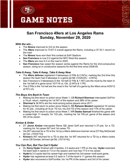 San Francisco 49Ers at Los Angeles Rams Sunday, November 29, 2020
