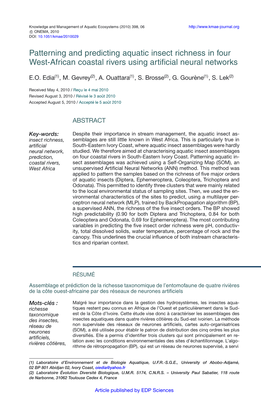 Patterning and Predicting Aquatic Insect Richness in Four West-African Coastal Rivers Using Artificial Neural Networks