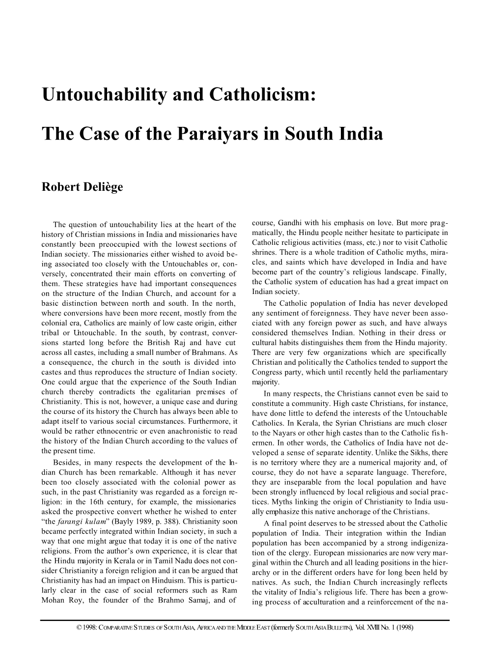Untouchability and Catholicism: the Case of the Paraiyars in South India
