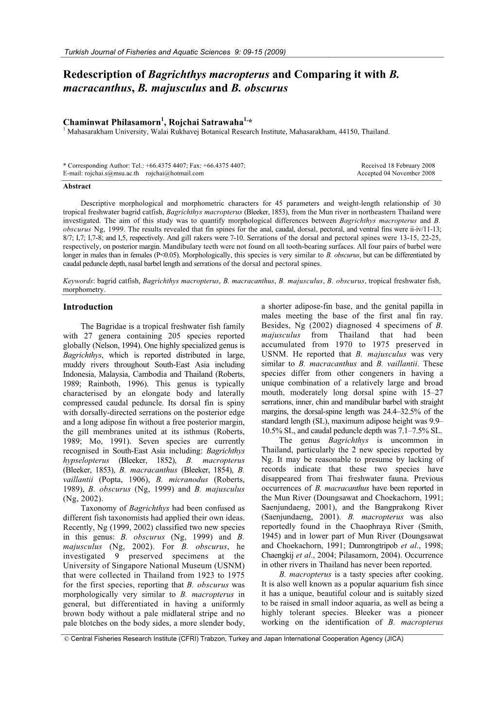 Redescription of Bagrichthys Macropterus and Comparing It with B