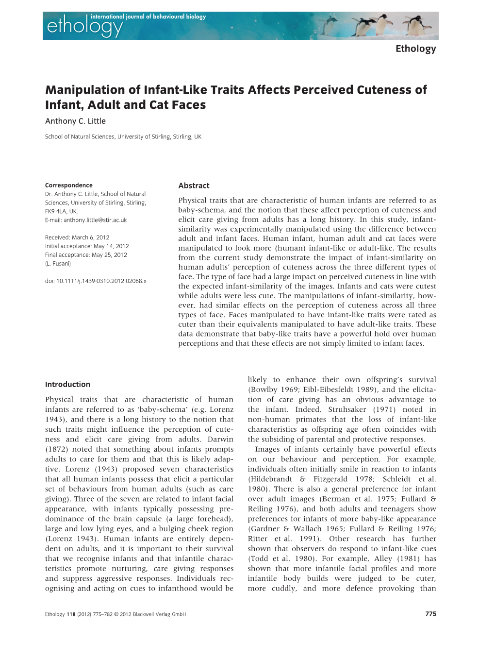 Manipulation of Infantlike Traits Affects Perceived Cuteness of Infant