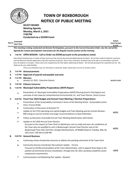 TOWN of BOXBOROUGH NOTICE of PUBLIC MEETING SELECT BOARD Meeting Agenda Monday, March 1, 2021 7:00 PM Conducted Via a ZOOM Event