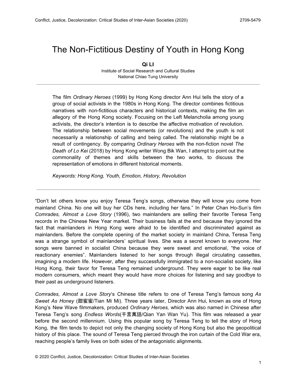 The Non-Fictitious Destiny of Youth in Hong Kong