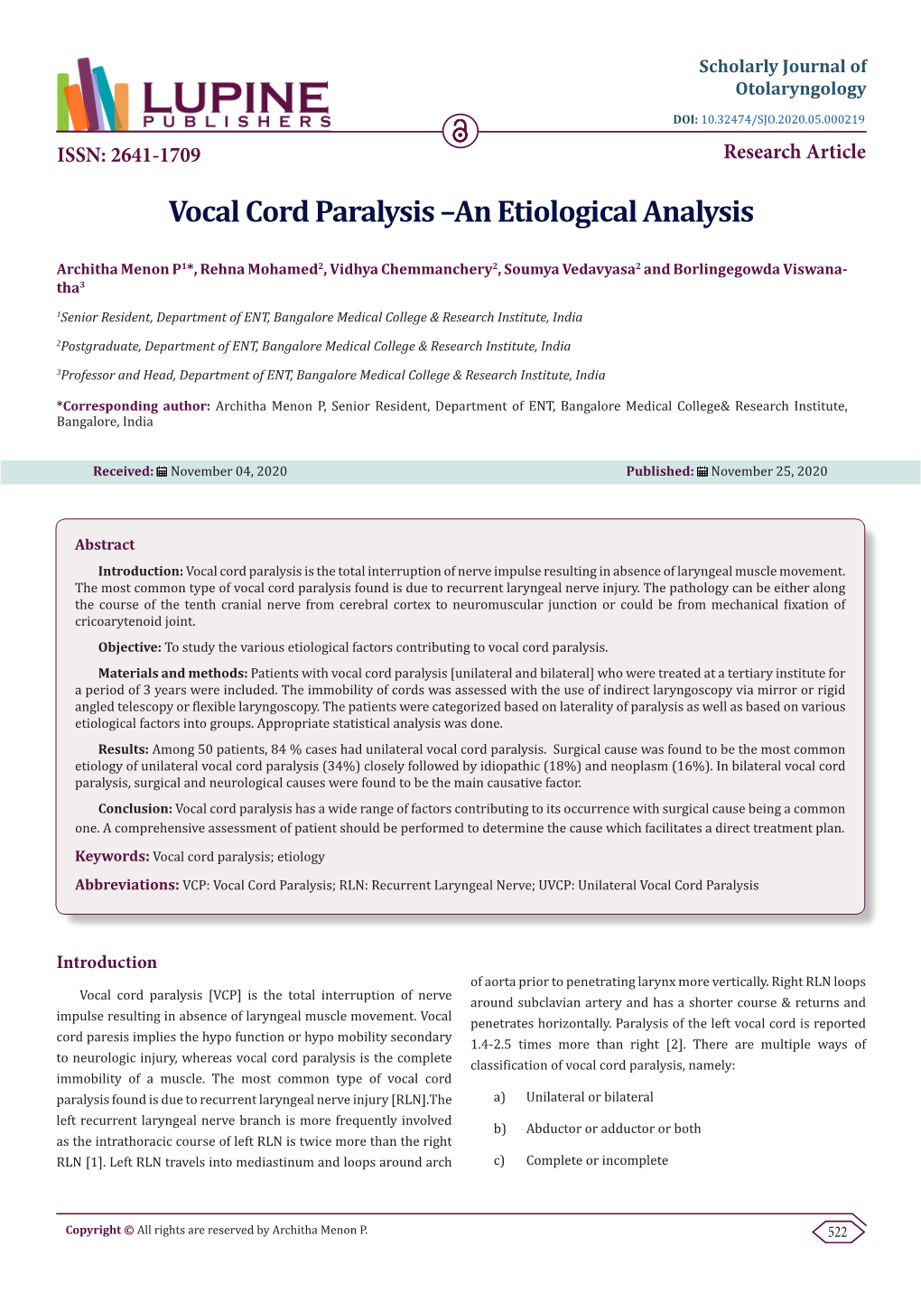 Vocal Cord Paralysis –An Etiological Analysis