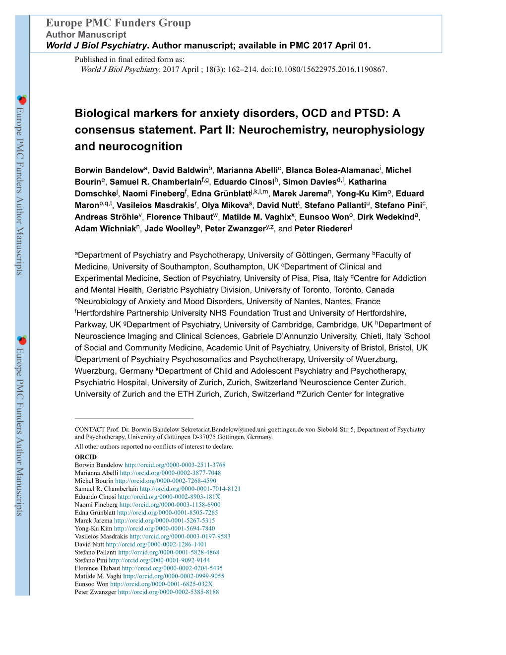 Biological Markers for Anxiety Disorders, OCD and PTSD: a Consensus Statement