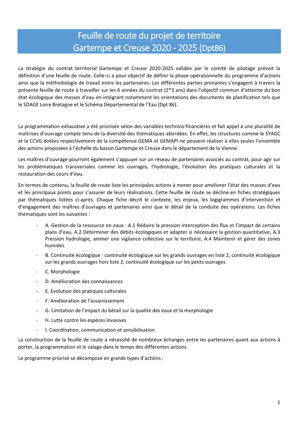 Feuille De Route Du Projet De Territoire Gartempe Et Creuse 2020 - 2025 (Dpt86)