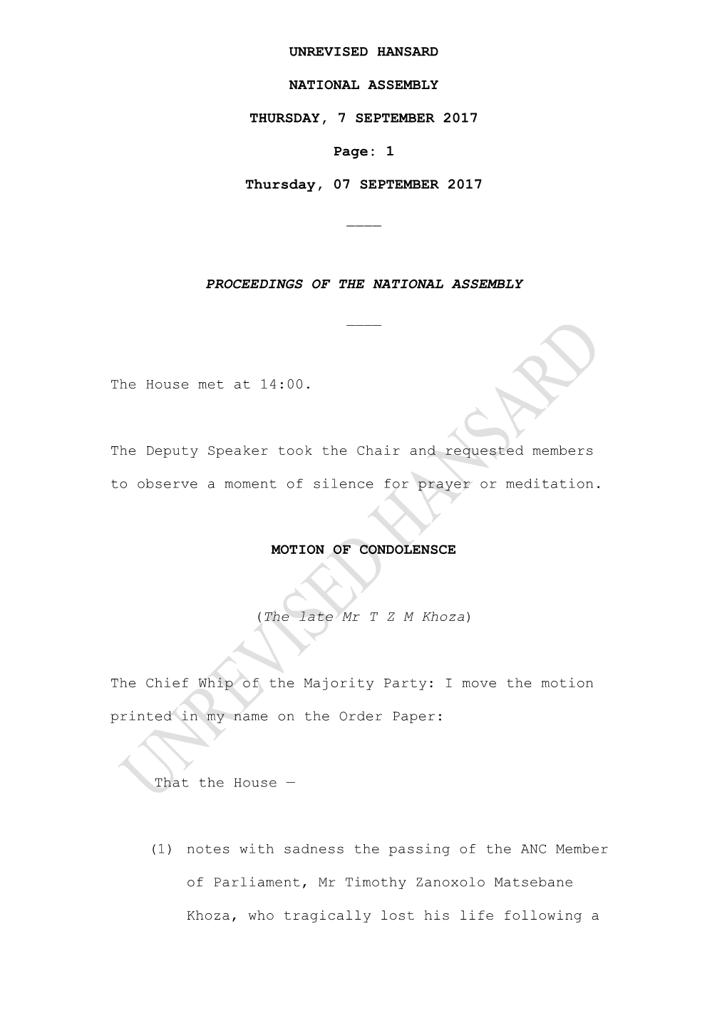 Unrevised Hansard National Assembly Thursday, 7
