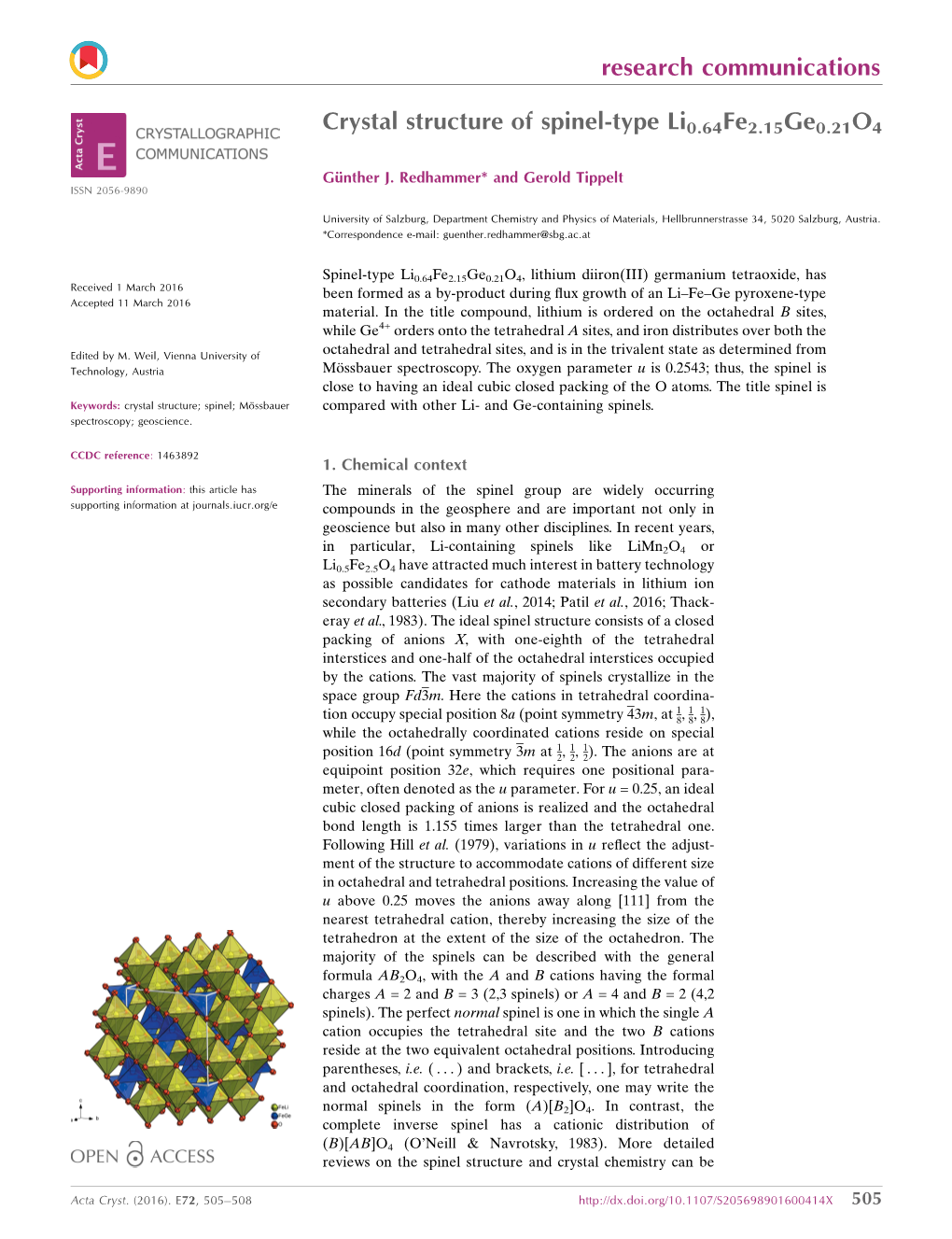 Crystal Structure of Spinel-Type Li0.64Fe2.15Ge0.21O4