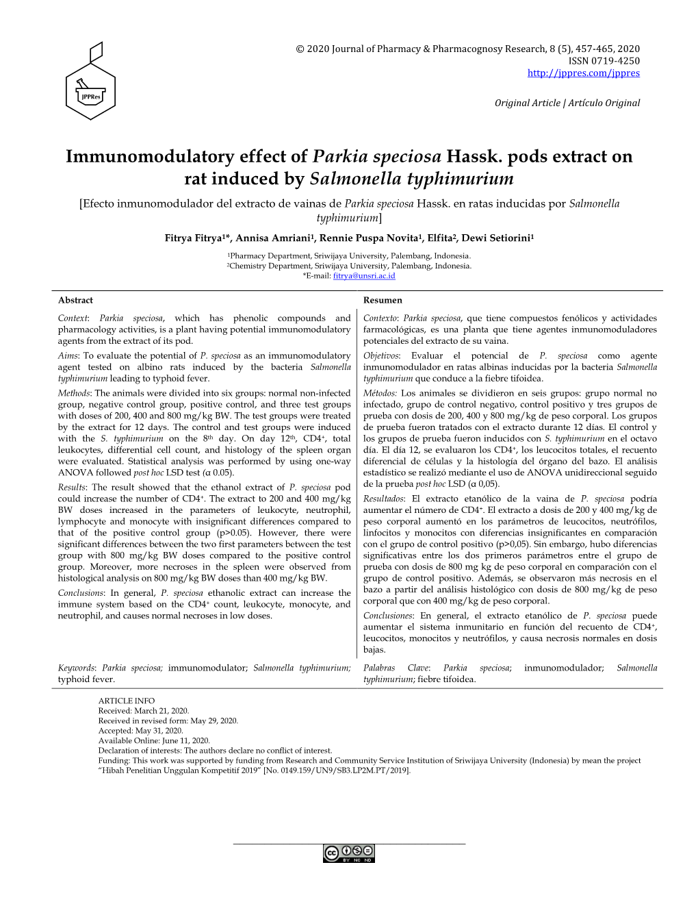 Immunomodulatory Effect of Parkia Speciosa Hassk. Pods Extract on Rat
