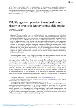 Wildlife Agencies: Practice, Intentionality and History in Twentieth-Century Animal ﬁeld Studies