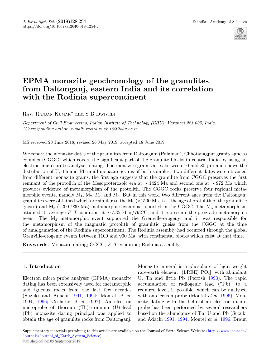 EPMA Monazite Geochronology of the Granulites from Daltonganj, Eastern India and Its Correlation with the Rodinia Supercontinent